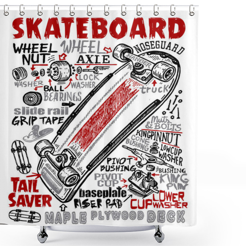 Personality  Vector Illustration Of Skateboard Board Assembly Scheme. Art In Stripped Style For Printing On T-shirts, Posters And Etc. Shower Curtains