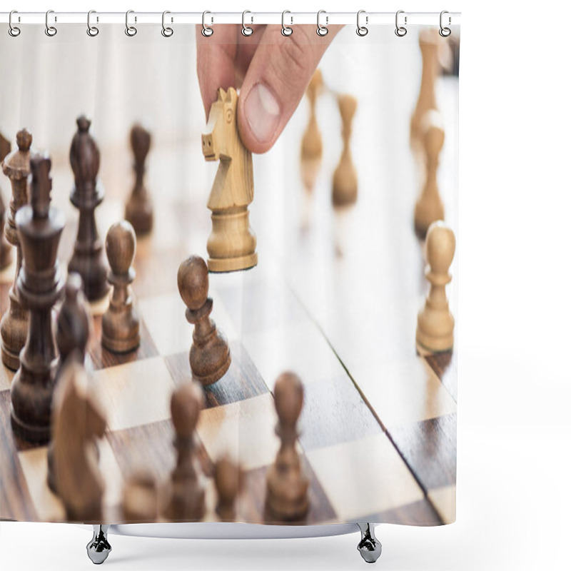 Personality  Cropped Shot Of Human Hand Playing Chess, Selective Focus Shower Curtains