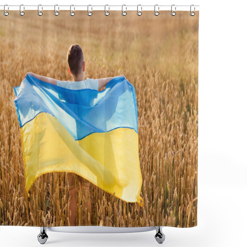 Personality  Boy With Ukrainian Flag In Wheat Field. Ukraine Independence Day Concept. Stop War In Ukraine Shower Curtains