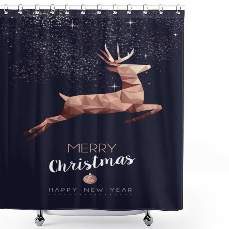 Personality  Merry Christmas Happy New Year Elegant Label Design Illustration In Copper Low Poly Style With Reindeer. Ideal For Holiday Greeting Card, Xmas Poster Or Web. EPS10 Vector. Shower Curtains