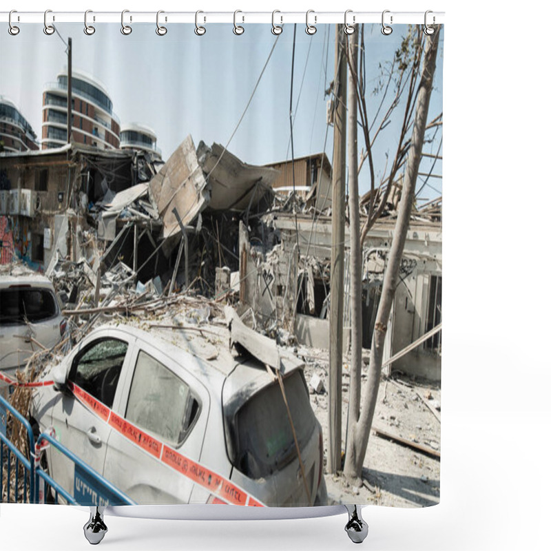 Personality  Florentin, Tel Aviv, Israel - October 08, 2023: Direct Hit By A Hamas Rocket Into The Buildings Of A Residential Area, Destruction, Terrorism, Attack On Israel, Bombing Of Tel Aviv.  Arab-Israeli Conflict. Shower Curtains