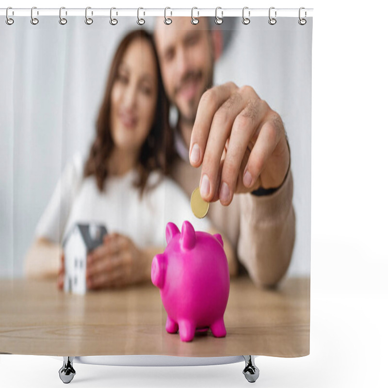 Personality  Selective Focus Of Man Putting Coin In Pink Piggy Bank And Cheerful Woman  Shower Curtains