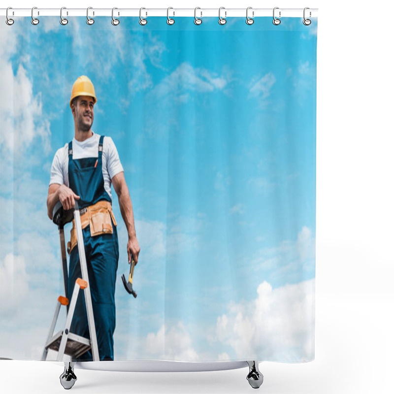 Personality  Happy Repairman Standing On Ladder And Smiling Against Blue Sky With Clouds  Shower Curtains