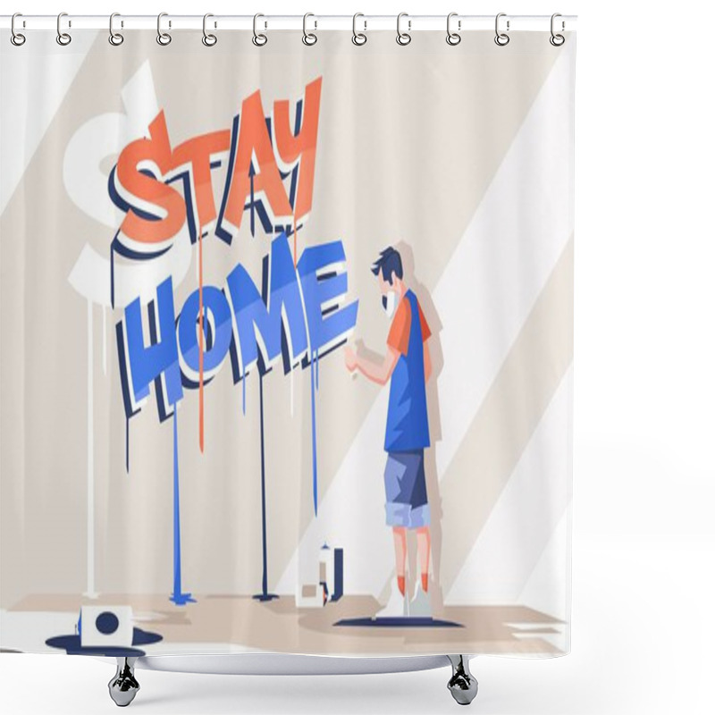 Personality  Graffiti Vector Illustration With Quote Stay Shome Lettering. Graffiti Artist Painting On The Wall . The Concept Of Quarantine And Home Stay. Stop The Coronavirus Epidemic And Stay Home. Covid-19 Shower Curtains