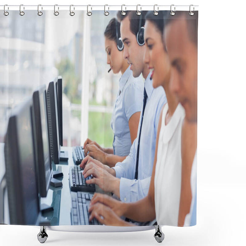 Personality  Call Centre Employees Working On Computers Shower Curtains