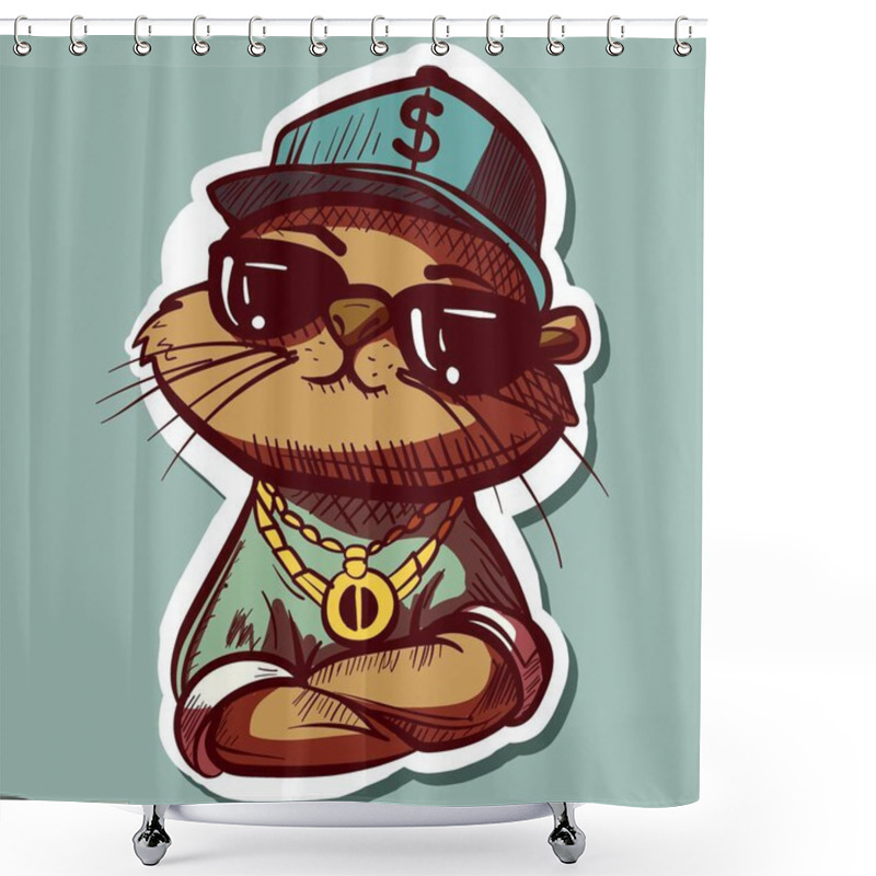 Personality  Digital Art Of A Cool Thug Otter With A Gold Chain, Clothes And A Hiphop Hat. Graffiti Sticker Of A Weasel With Sunglasses. Shower Curtains