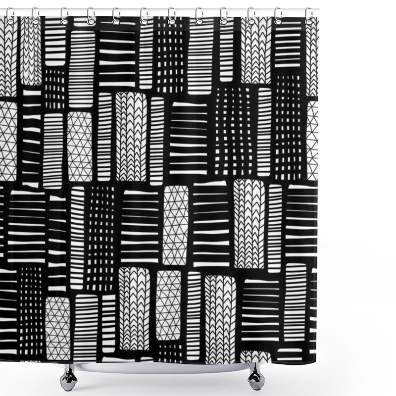 Personality  Rectangles Hand Drawn Seamless Vector Pattern. White Lines On Black Background. Monochrome Design. Textured Shapes Backdrop. Hand Drawn Endless Background. Graphic Illustration Shower Curtains