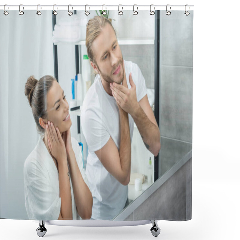 Personality  Couple Doing Morning Routine Shower Curtains