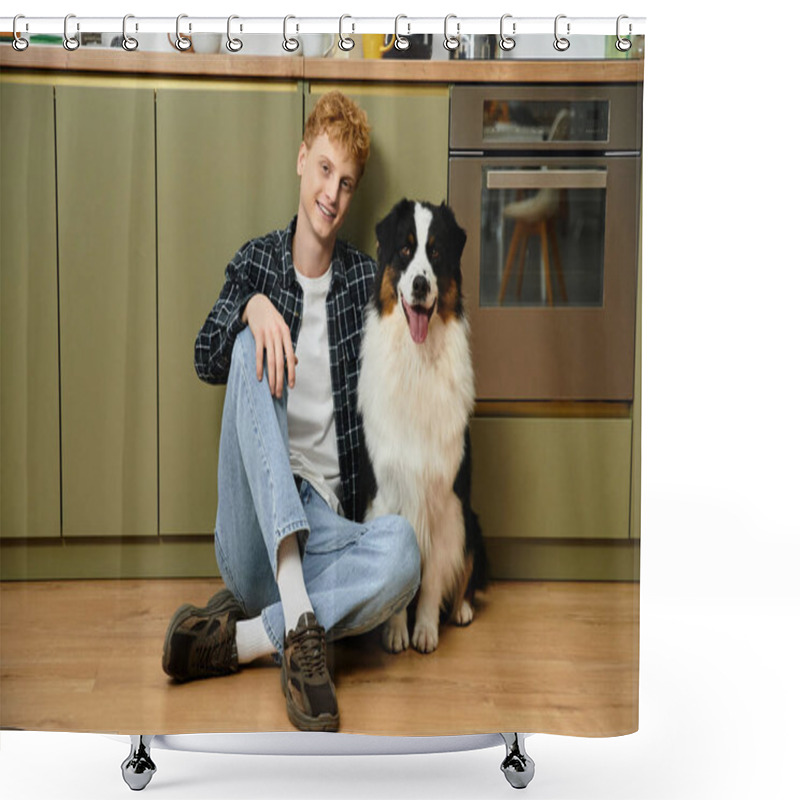 Personality  A Young Man With Red Hair Sits On The Floor Beside His Furry Australian Shepherd In A Stylish Home. Shower Curtains