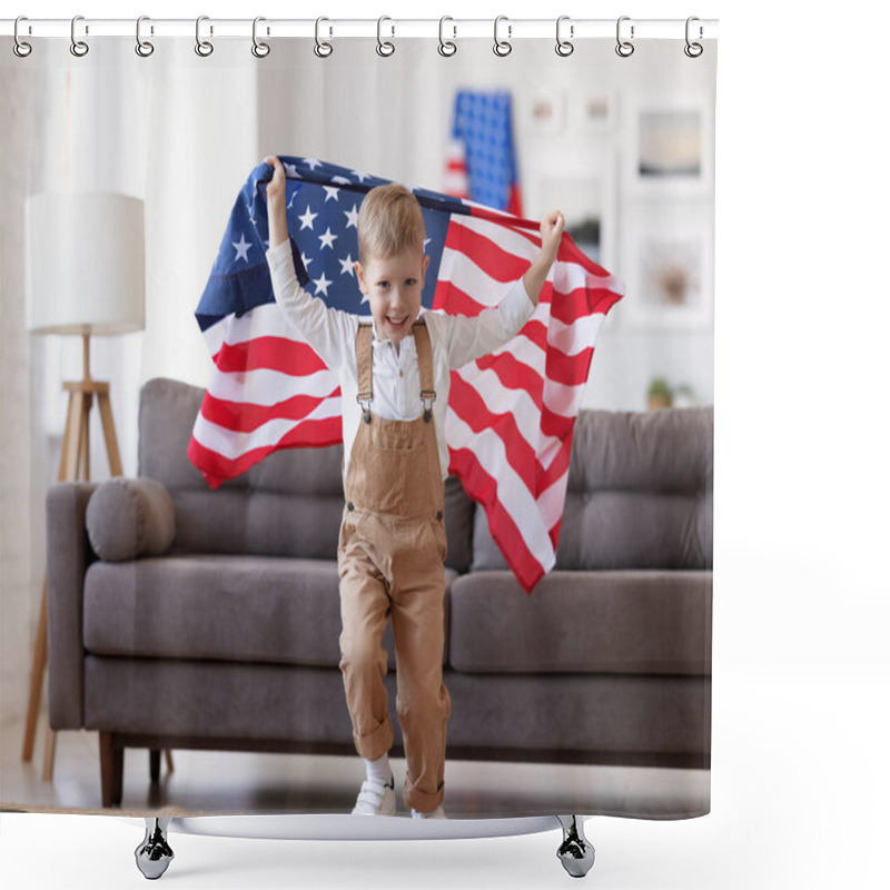 Personality  Happy Child Boy With Flag Of United States Running In Living Room At Home While Celebrating Independence Day Of USA On 4th Of July With Family. American Patriotic Holiday Concept Shower Curtains