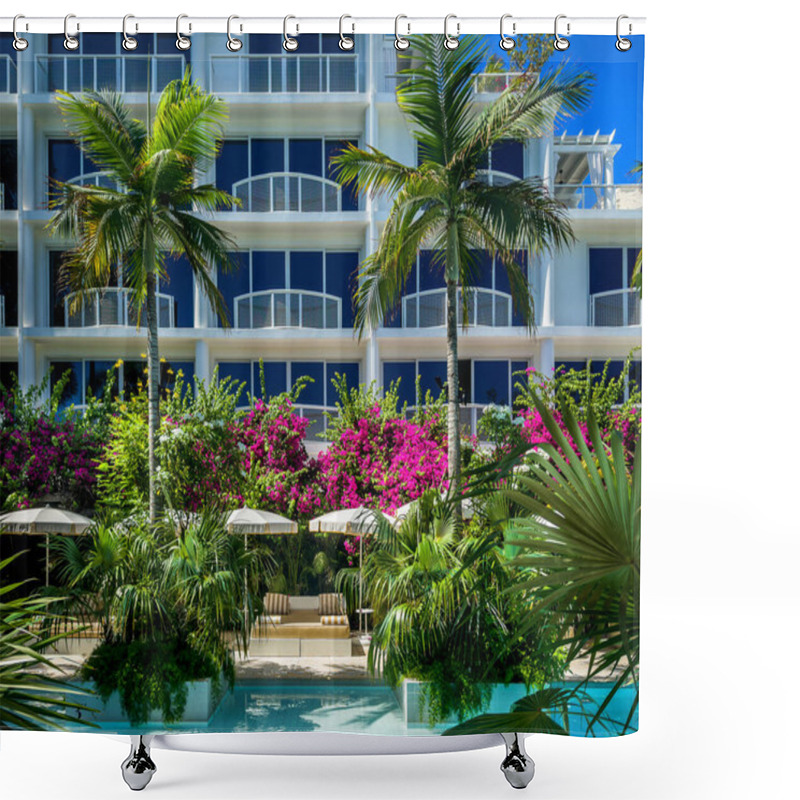 Personality  Grand Cayman, Cayman Islands, Aug 5th 2023, View Of The Area By The Swimming Pool At Palm Heights, A Boutique Hotel On Seven Mile Beach Shower Curtains