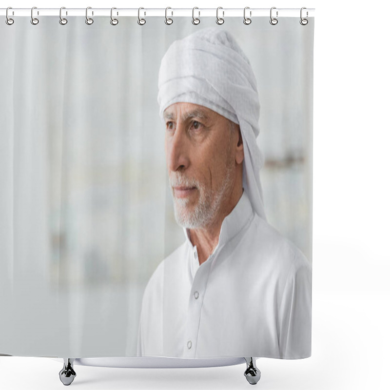 Personality  Middle Aged Mislim Man In White Turban Looking Away At Home Shower Curtains