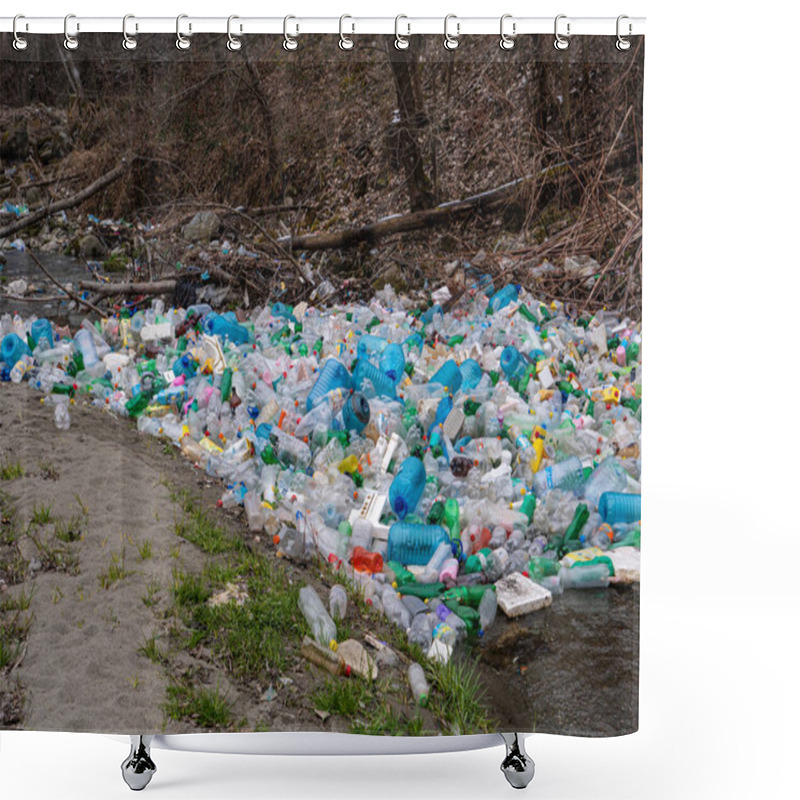 Personality  CLOSE UP: Enormous Pile Of Various Plastic Bottles Floating Trapped In A Branch. Sad View Of Polluted River With Thrown Plastic Garbage. Numerous Accumulated Plastic Bottles Floating On River Surface Shower Curtains