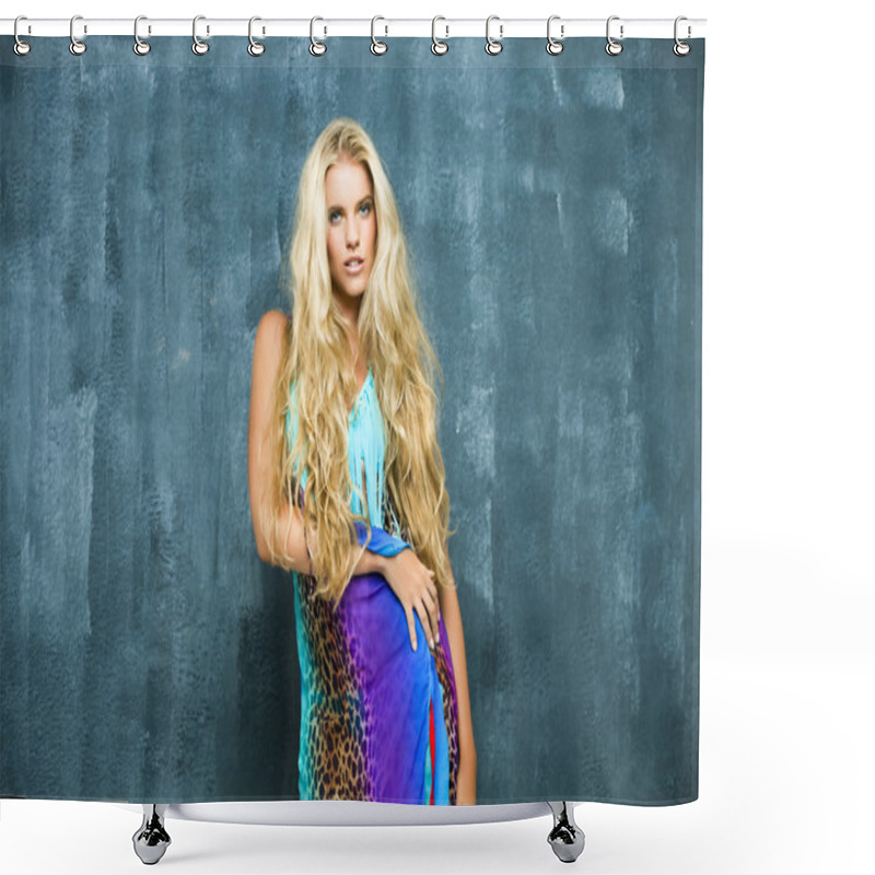 Personality  Portrait Of A Beautiful Blonde Girl With Luxuriant Hair Shower Curtains