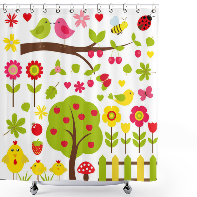 Personality  Vector Set Of Nature. Birds Sitting On A Tree, Among Other Birds, Flowers, Mushrooms, Insects. Shower Curtains