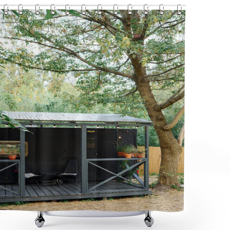 Personality  A Charming Small Shed Sits Next To A Majestic Tree, Creating A Picturesque And Serene Scene In Nature. Shower Curtains