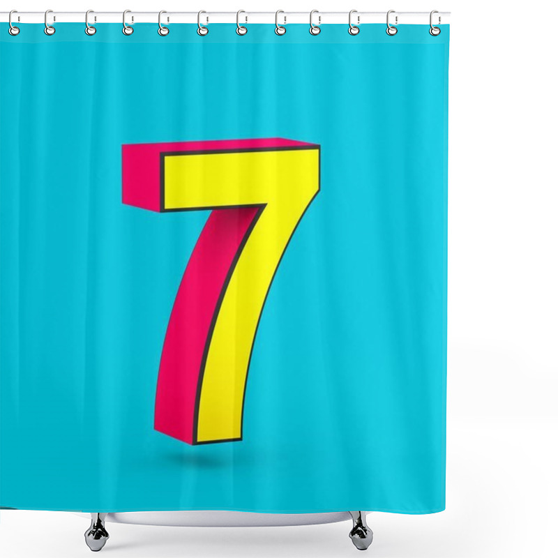 Personality  Superhero Number 7. 3D Render Of Stylized Retro Red And Yellow Font Isolated On Blue Background. Shower Curtains