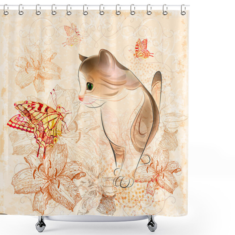 Personality  Birthday Card With Little Kitten, Flowers And Butterflies Shower Curtains