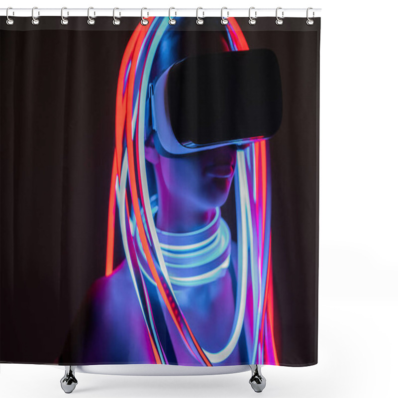 Personality  Futuristic African American Woman In Vr Headset And Neon Lighting Shower Curtains