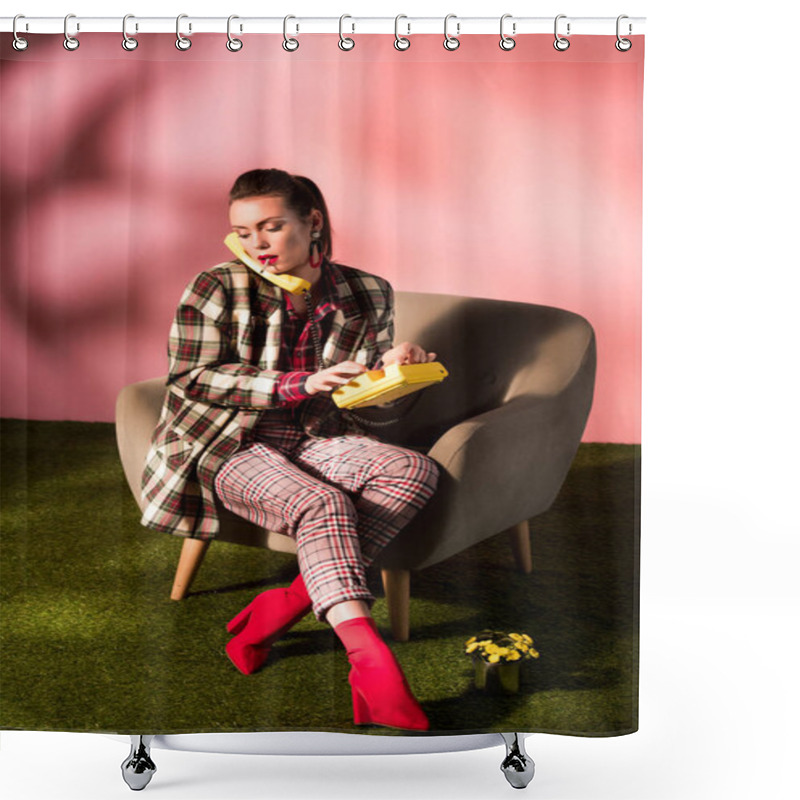 Personality  Fashionable Girl In Armchair Smoking Cigarette While Talking On Retro Telephone Shower Curtains