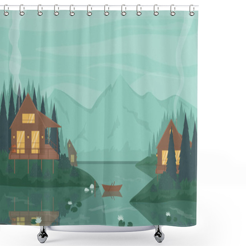 Personality  Bungalow Wooden House In Mountain Landscape, Calm Waters Of Lake Or River, Stilt Cottages Shower Curtains