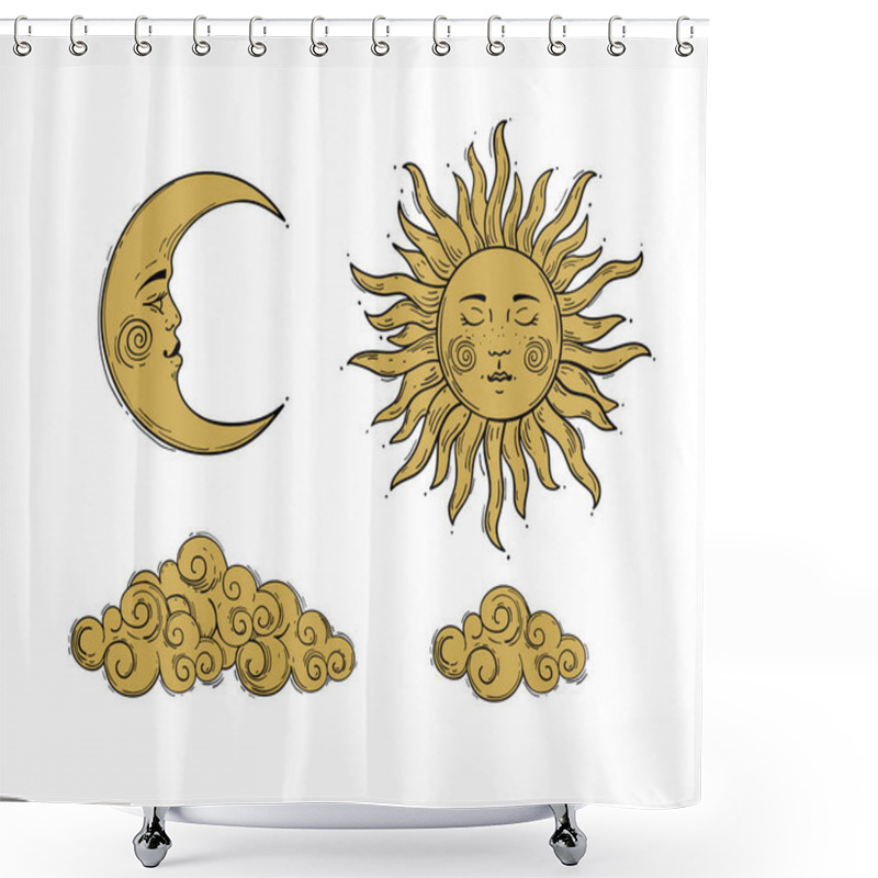 Personality  Set Of Elements For Mystical Design In Boho Style. Golden Sun And A Crescent Moon With A Face, Clouds. Retro Hand Drawing. Vector Illustration Isolated On White Background. Shower Curtains