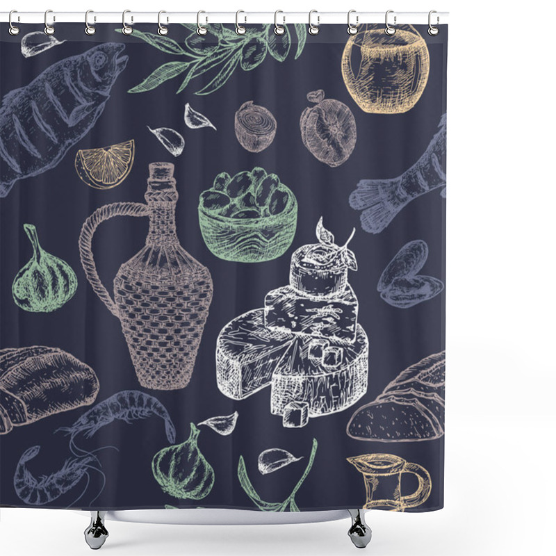 Personality  Mediterranean Cuisine Seamless Pattern On Blue Background. Shower Curtains