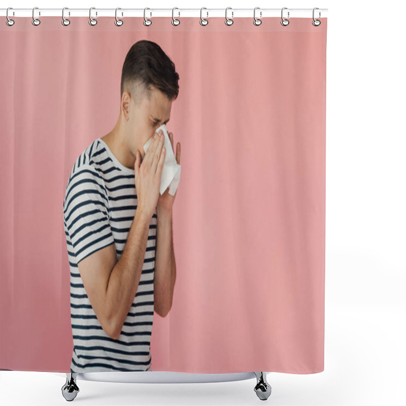 Personality  Young Man In Striped T-shirt Blowing Nose And Using Napkin Isolated On Pink Shower Curtains