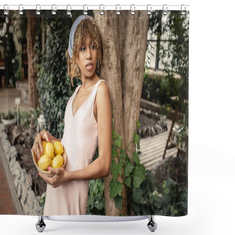 Personality  Confident Young African American Woman In Summer Outfit Holding Basket With Fresh Lemons While Standing Near Trees In Blurred Orangery, Fashion-forward Lady In Harmony With Tropical Flora Shower Curtains