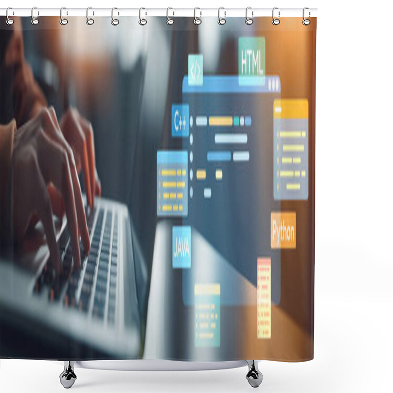 Personality  Software Developer Or Programmer Work With Coding Digital Overlays Of Various Programming Languages Like HTML, Python, Java, And C EIDE For New Application Mobile Phone Development Shower Curtains