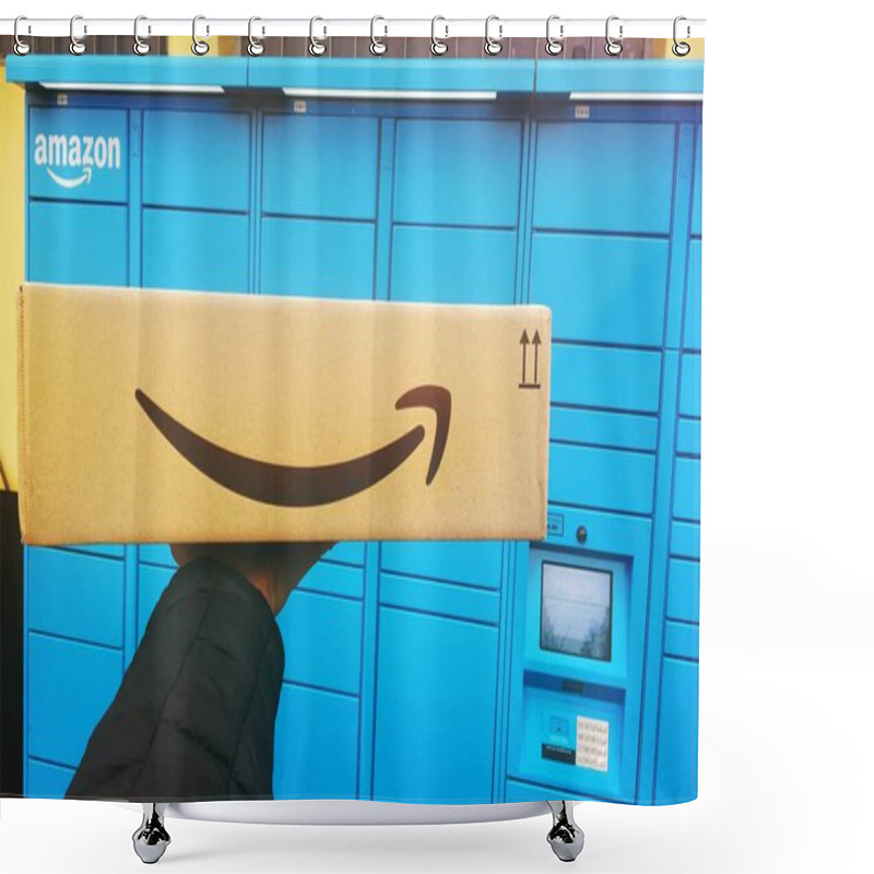 Personality  Florence, Italy, March 26th 2021, Shot Of A Person Picking Up A Package From The Amazon Lockers, New Concept Of Convenient Self Service Shower Curtains