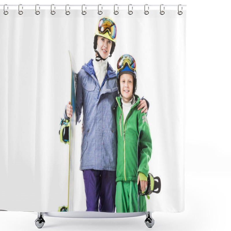 Personality  Smiling Mom And Preteen Son In Ski Suits With Snowboards Hugging And Looking At Camera Isolated On White Shower Curtains