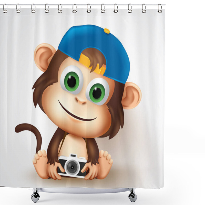 Personality  Cool Monkey Animal Character Vector Design. Cute Little Monkey Photographer In Friendly Facial Expression While Sitting And Holding Camera Pose And Gesture For T-shirt Print Design. Vector Illustration Shower Curtains