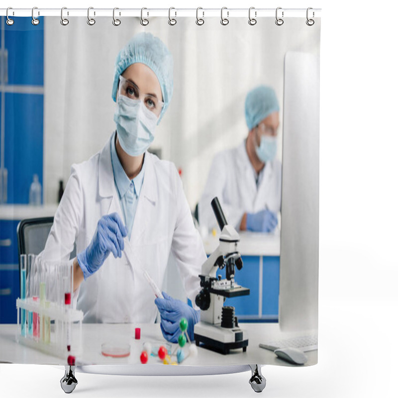 Personality  Selective Focus Of Genetic Consultant Doing Dna Test In Lab  Shower Curtains