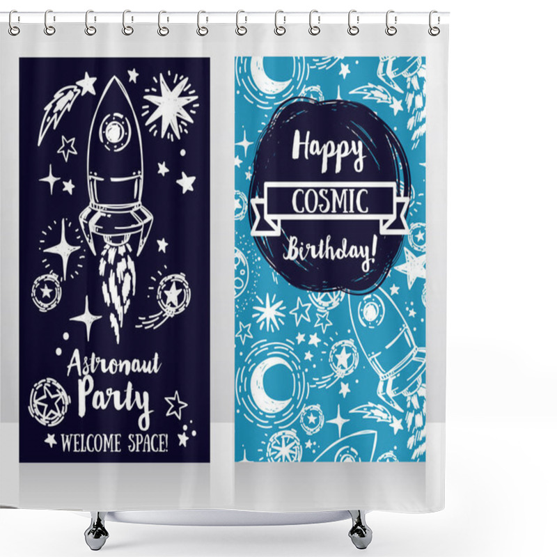 Personality  Cute Hand Drawn Rocket On Stars Background, Invitation Cards For Boy's Birthday Party, Sketch Style Vector Illustration Shower Curtains