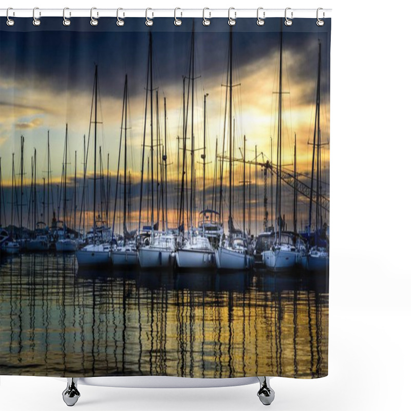 Personality  Horizontal Shot Of Modern White Yachts Parked Next To Each Other In The Docks During Sunset Shower Curtains