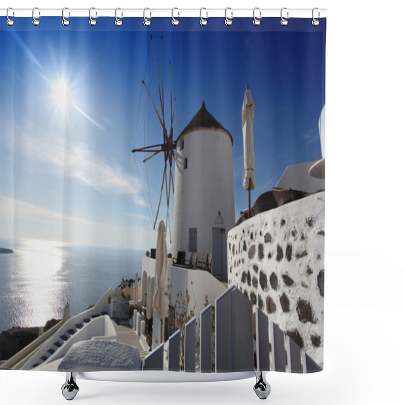 Personality  Santorini With Famous Windmill In Greece, Oia Village Shower Curtains