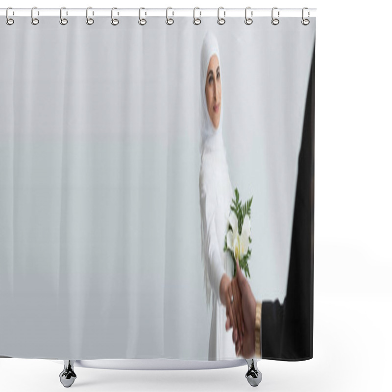 Personality  Happy Muslim Bride With Bouquet Holding Hands With Blurred Groom Isolated On Grey, Banner  Shower Curtains