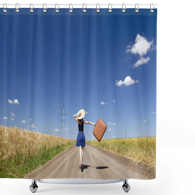 Personality  Lonely Girl With Suitcase At Country Road. Shower Curtains