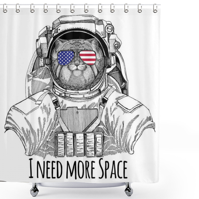 Personality  Usa Flag Glasses American Flag United States Flag Wild Cat Manul Wearing Space Suit Wild Animal Astronaut Spaceman Galaxy Exploration Hand Drawn Illustration For T-shirt Shower Curtains