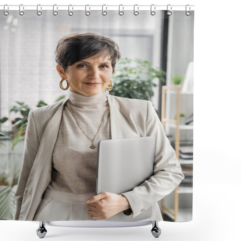 Personality  Happy Mature Businesswoman With Laptop Looking At Camera In Office, Portrait, Professional Headshot Shower Curtains