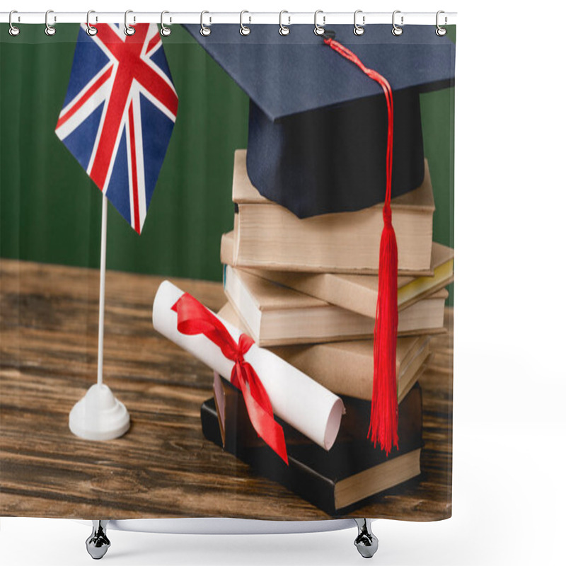 Personality  Books, Academic Cap, Diploma And British Flag On Wooden Surface Isolated On Green Shower Curtains