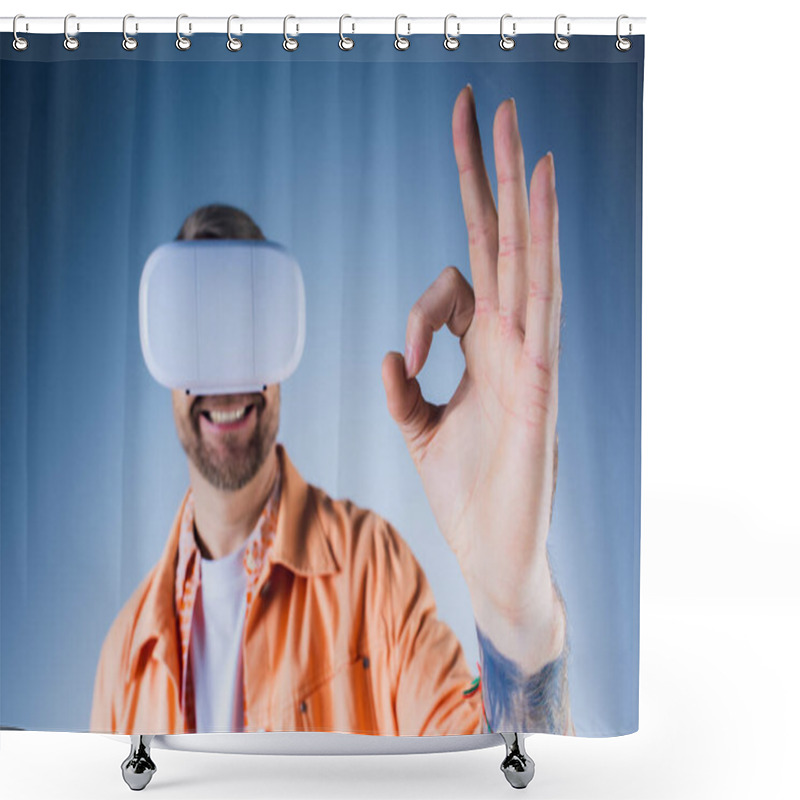 Personality  A Man In An Orange Shirt Exploring The Metaverse Through A Virtual Headset In A Studio Setting. Shower Curtains