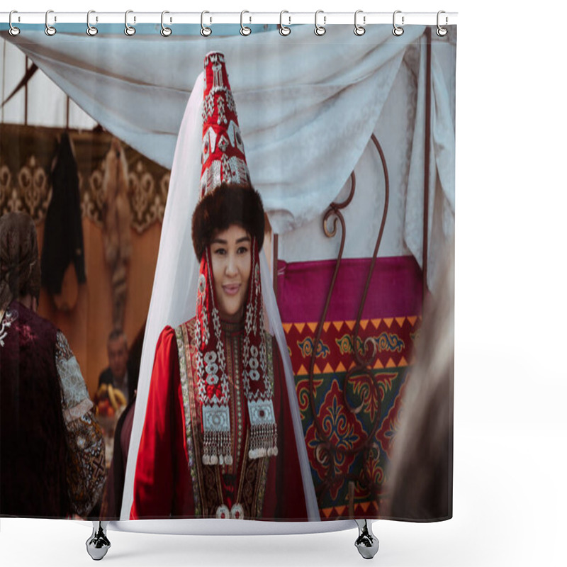 Personality  SHYMKENT, KAZAKHSTAN - MARCH 22, 2023: Kazakh Girl In A Traditional Festive Kazakh Costume At The Celebration Of Nauryz Shower Curtains