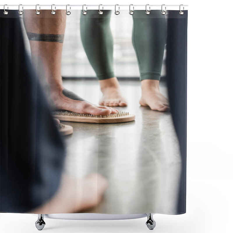 Personality  Cropped View Of Man With Tattoo On Legs Standing On Nail Board Near People In Yoga Studio Shower Curtains