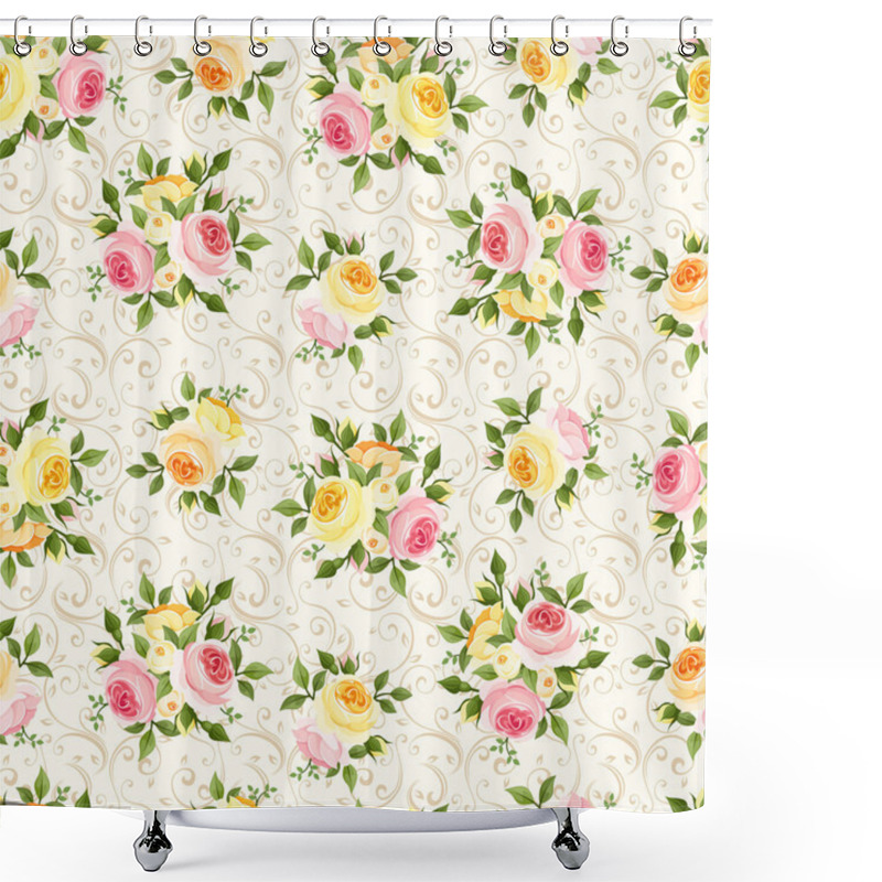 Personality  Seamless Pattern With Pink, Orange And Yellow Roses. Vector Illustration. Shower Curtains