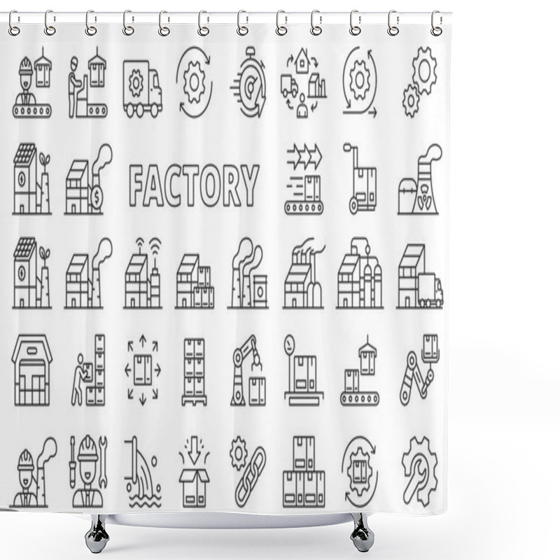 Personality  Factory Icons In Line Design. Industry, Manufacturing, Work, Technology, Industrial, Smart Factory, Conveyor Isolated On White Background Vector. Factory Editable Stroke Icons Shower Curtains