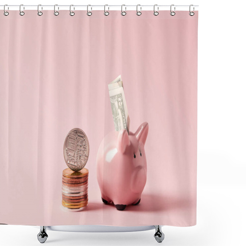 Personality  Stack Of Bitcoins And Piggy Bank With Cash On Pink Shower Curtains