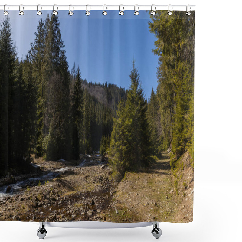 Personality  Dirty Road Near Mountain River And Forest At Daylight  Shower Curtains