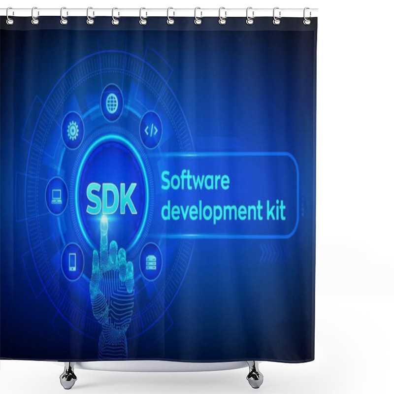 Personality  SDK. Software Development Kit Programming Language Technology Concept On Virtual Screen. Technology Concept. Robotic Hand Touching Digital Interface. Vector Illustration. Shower Curtains